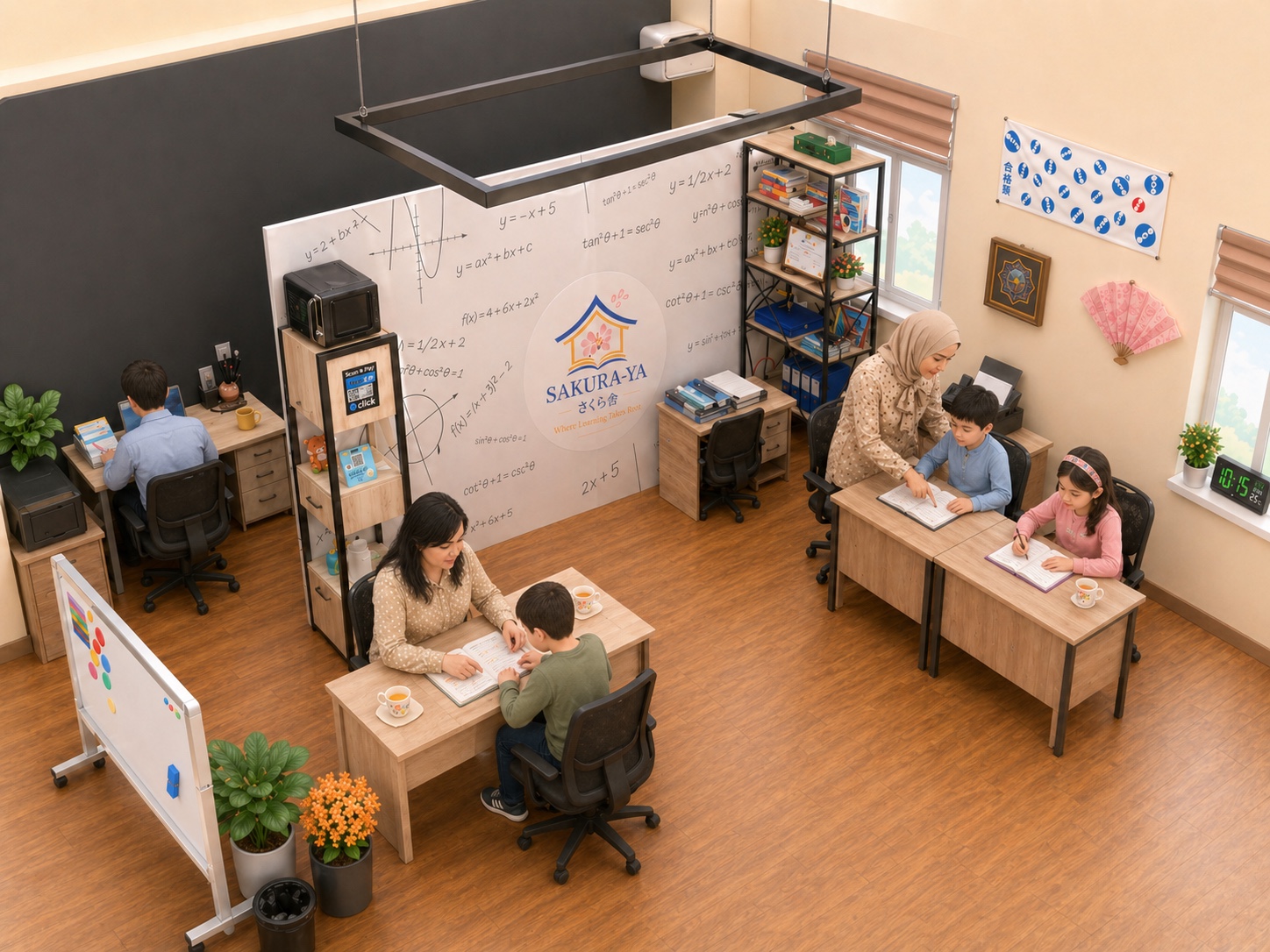 Sakura-Ya classroom with students studying individually and with teachers